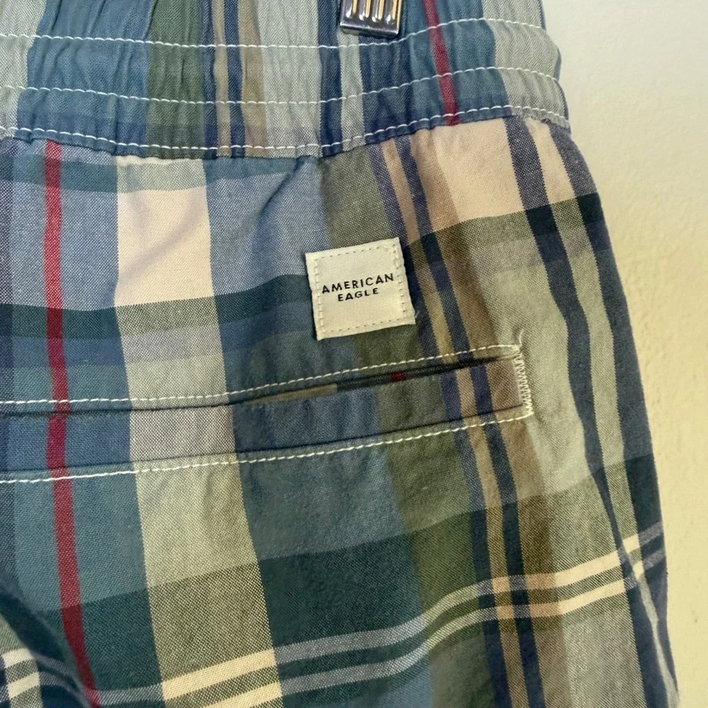 American Eagle‎ Classic Plaid Drawstring Shorts Size M Blue Green